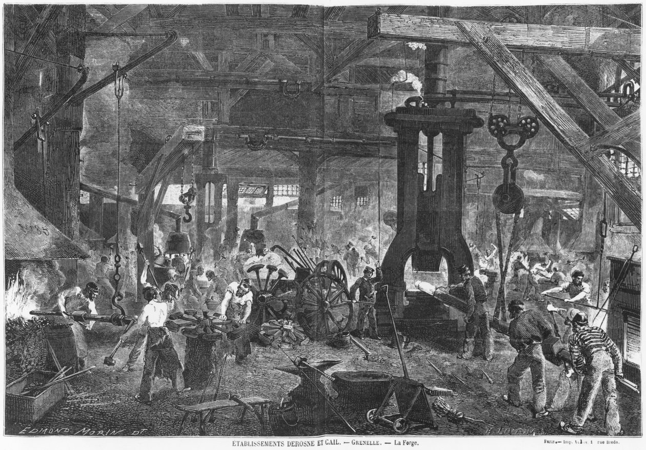 Derosne and Cail Companyn takomo, Grenelle, kuvitus Julien Turganin teoksesta "Les Grandes Usines", kaiverrus Henry Duff Linton (1815-99) n. 1880 (kaiverrus) (bw-kuva) tekijältä Edmond Morin