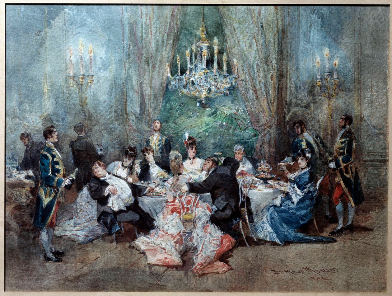 Ruokailukohtaus. Kuvitus Henri (Henry) Meilhacin (1830-1897) ja Ludovic Halevyn (1834-1908) "" The Reveillon" -sarjan II näytöksen 10 kohtaukselle kuninkaallisessa palatsissa tekijältä Edmond Morin