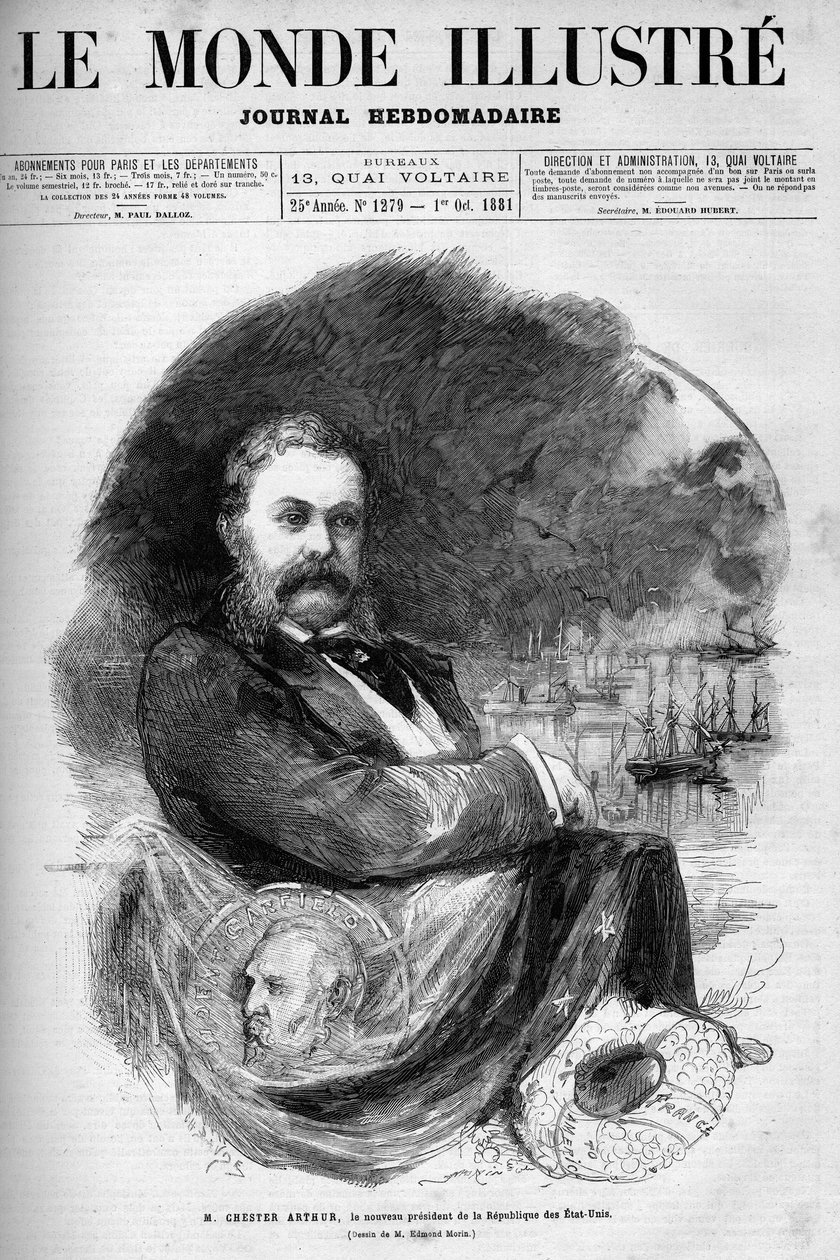 Yhdysvaltain presidentin Chester Alan Arthurin (1830-1886) muotokuva. Kaiverrus Edmond Morin. Yksi "The Illustrous World" -julkaisusta nro 1279, 1. lokakuuta tekijältä Edmond Morin