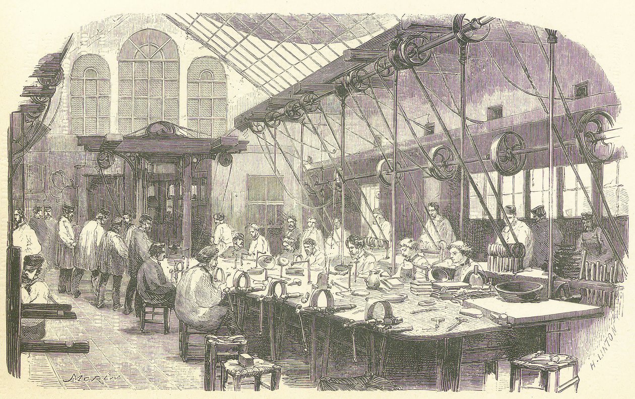 Hopeasepät töissä Christophle Flatware Factoryssa Pariisissa, pubissa. 1875 (kaiverrus) tekijältä Edmond Morin