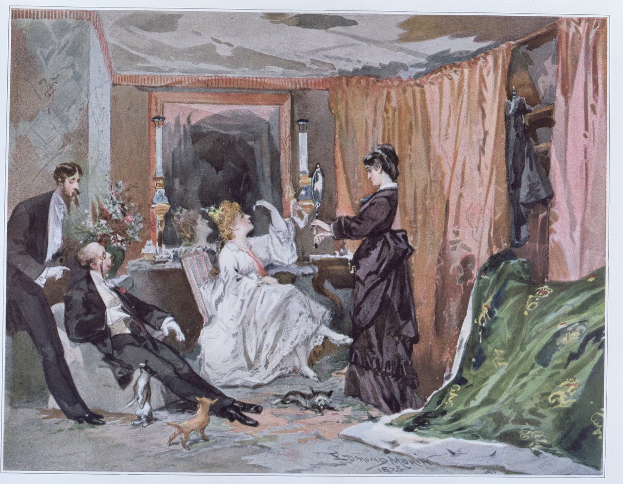 Hortense Schneiderin (1833-1920) pukuhuone Theater des Varietesissa, 1873 tekijältä Edmond Morin