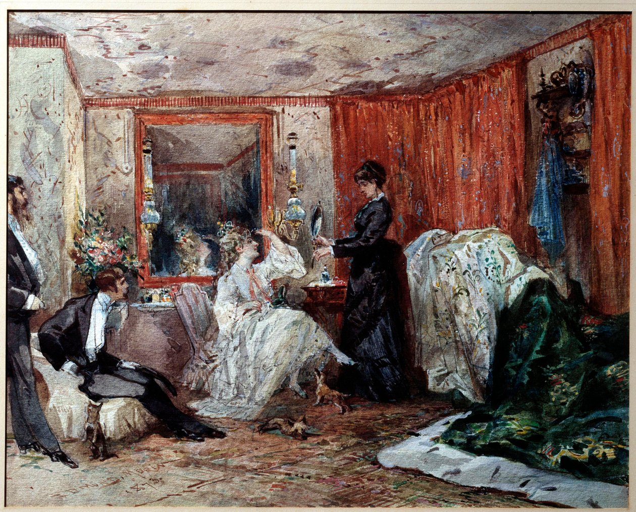 Teatterikoomikko Hortense Schneider (1833-1920), Jacques Offenbachin (1819-1890) rakastajatar, edustaa vasemmalla pukuhuoneessaan Theater des varetesissa. Edmond Morinin (1824-1882) akvarelli 1873 Compiegne, linnamuseo tekijältä Edmond Morin