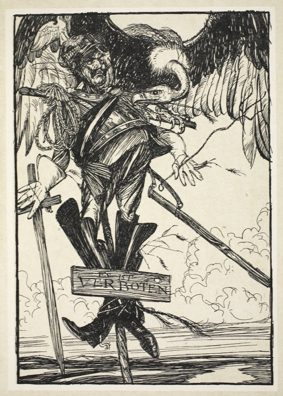 Die Wacht am Rhein, kuvitus Edmund J. Sullivanin Keisarin seppeleestä, pub. 1916 tekijältä Edmund Joseph Sullivan