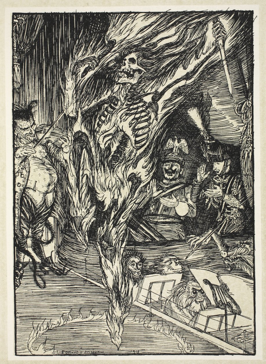 Prima Ballerina Assoluta Potsdamin keisarilliseen balettiin tunnetussa Fire and Sword Dance -tanssissaan, kuvitus Edmund J. Sullivanin Keisarin seppeleestä, pubi. 1916 tekijältä Edmund Joseph Sullivan