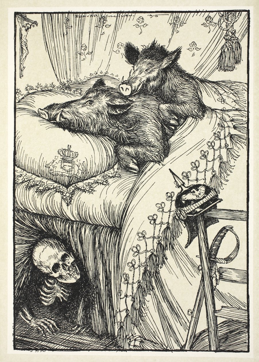 Belgialainen sänky, kuvitus Edmund J. Sullivanin Keisarin seppeleestä, pub. 1916 tekijältä Edmund Joseph Sullivan