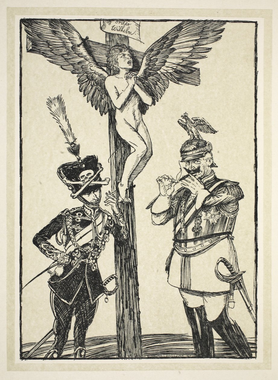 Belgian ristiinnaulitseminen, kuvitus Edmund J. Sullivanin Keisarin seppeleestä, pub. 1916 tekijältä Edmund Joseph Sullivan