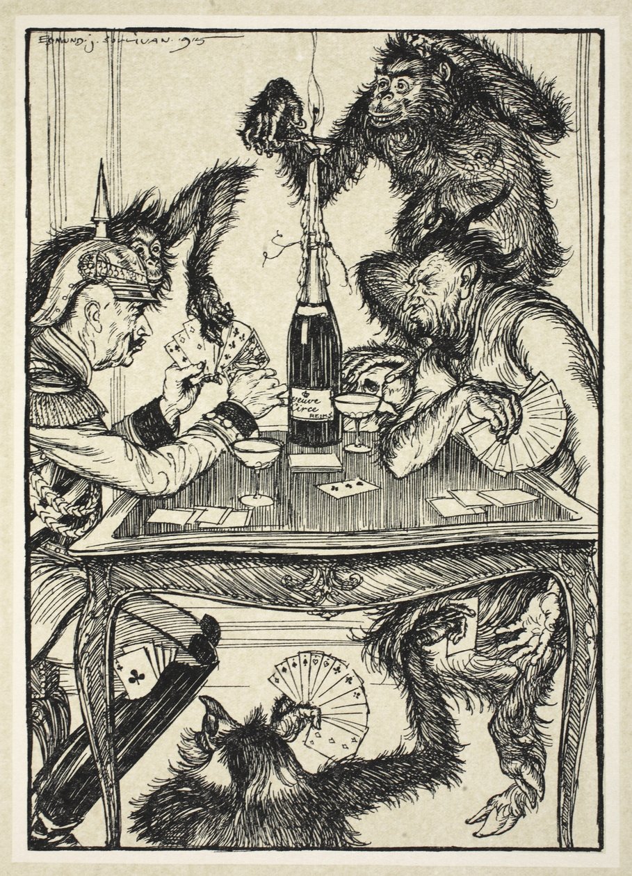Paholaisen oma peli (kortit pöydällä ja sen alla), kuvitus Edmund J. Sullivanin Keisarin seppeleestä, pub. 1916 tekijältä Edmund Joseph Sullivan