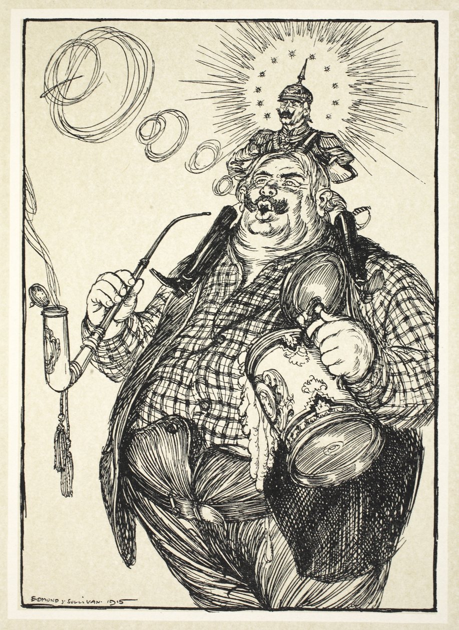 Jättiläinen Michel ja kääpiö Wilhelm ("Kääpiö pitää itseään suurena, koska hän voi sylkeä pitkälle"), kuvitus Edmund J. Sullivanin Keisarin seppeleestä, pubi. 1916 tekijältä Edmund Joseph Sullivan