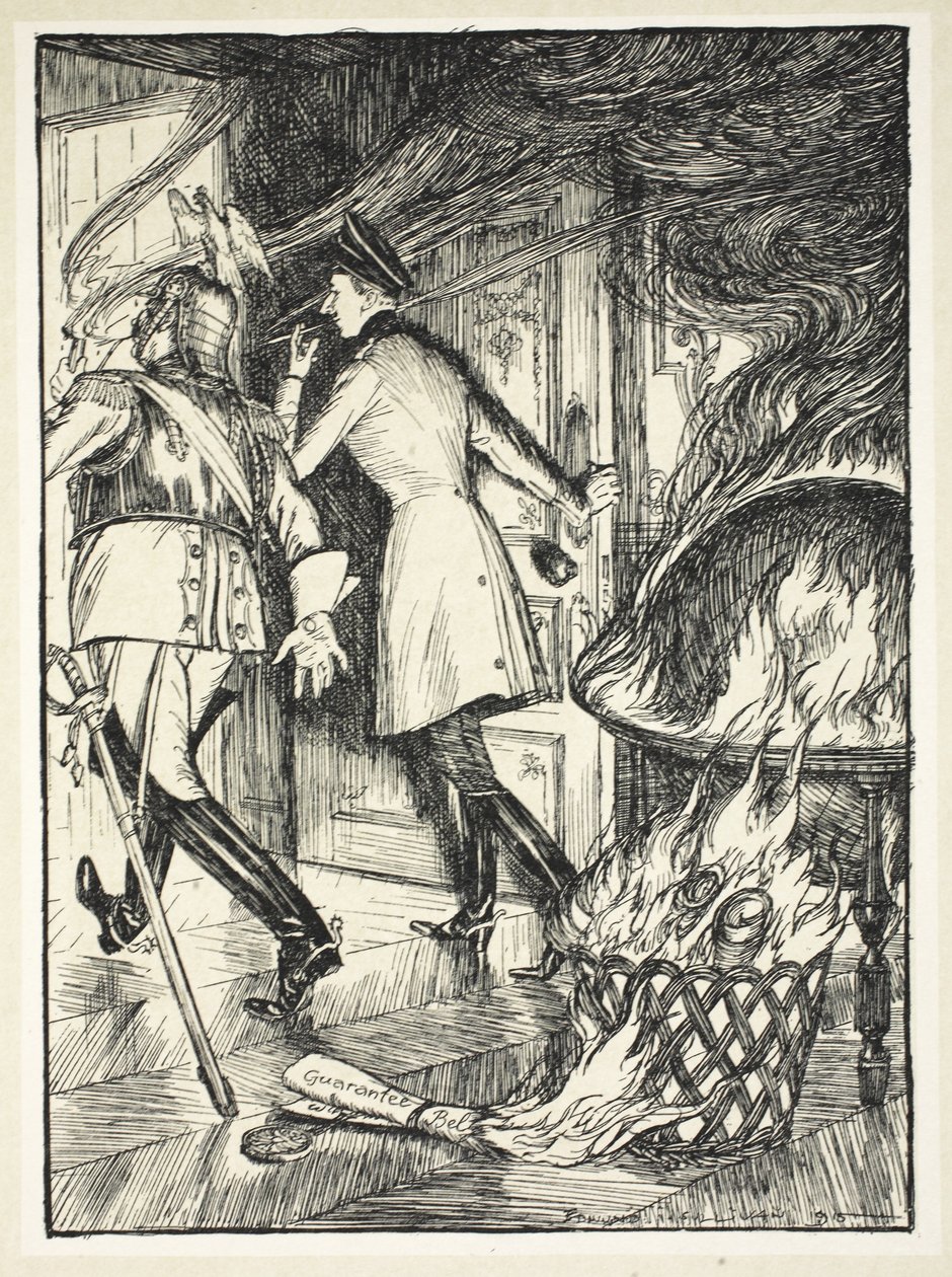 The Pipe Lighter (Belgialaisen puolueettomuuden takuu), kuvitus Edmund J. Sullivanin Keisarin seppeleestä, pub. 1916 tekijältä Edmund Joseph Sullivan