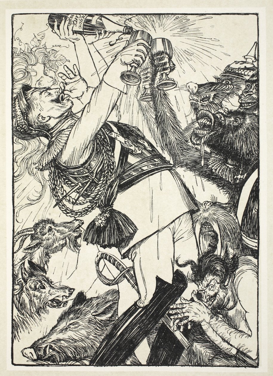 Circe ja Preussian Comus -viini, kuva Edmund J. Sullivanin Keisarin seppeleestä, pub. 1916 tekijältä Edmund Joseph Sullivan