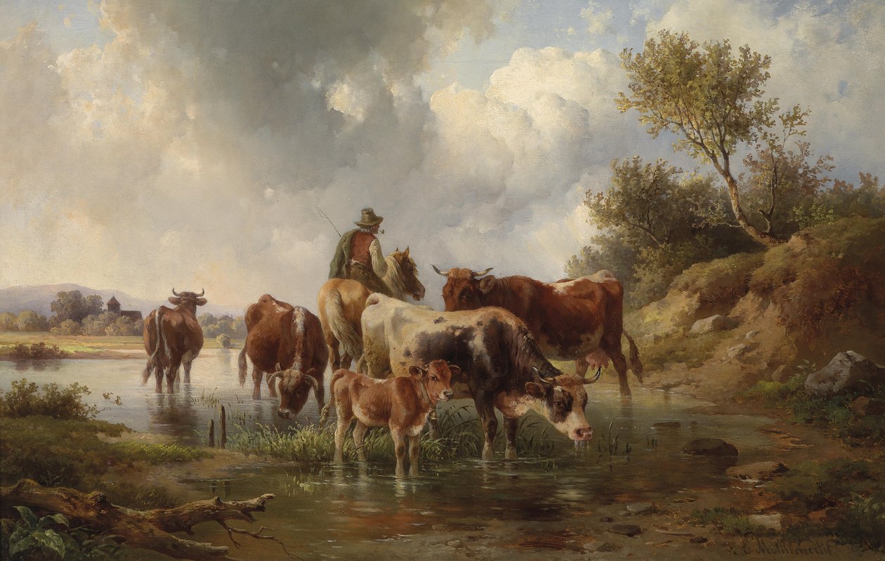 Kühe mit Hirten an der Furt tekijältä Edmund Mahlknecht