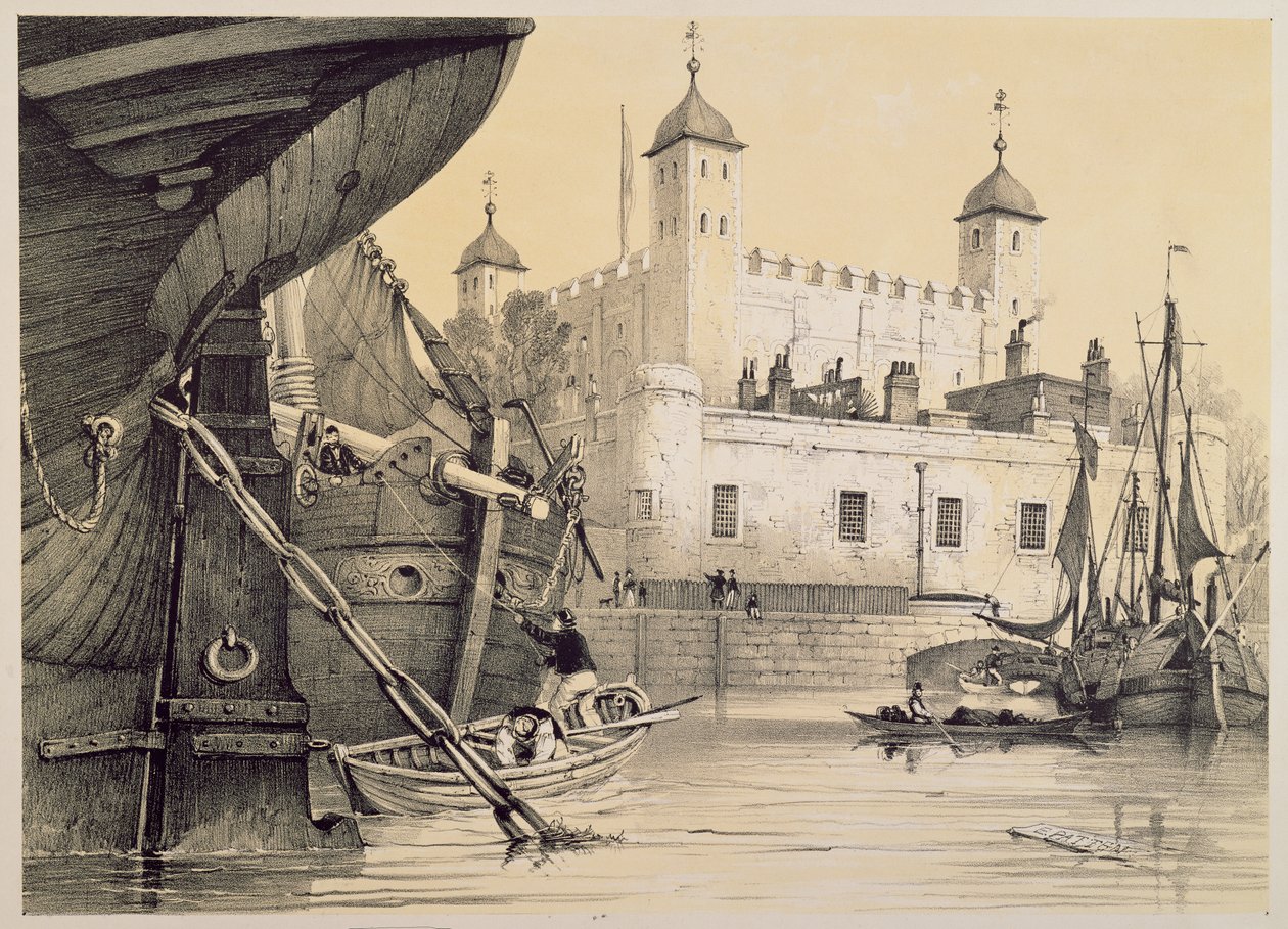 Näkymä Lontoon Toweriin Thames-joelta, noin 1840 tekijältä Edmund Patten