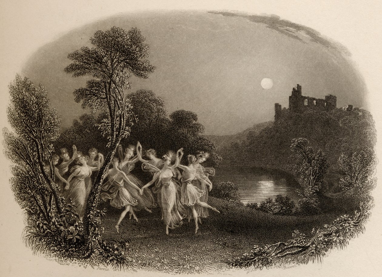 The Dance of the Fairies, kaiverrettu F.C. Lewis, kuvitus teoksesta The Pilgrims of the Rhine, julkaistu 1840 tekijältä Edmund Thomas Parris