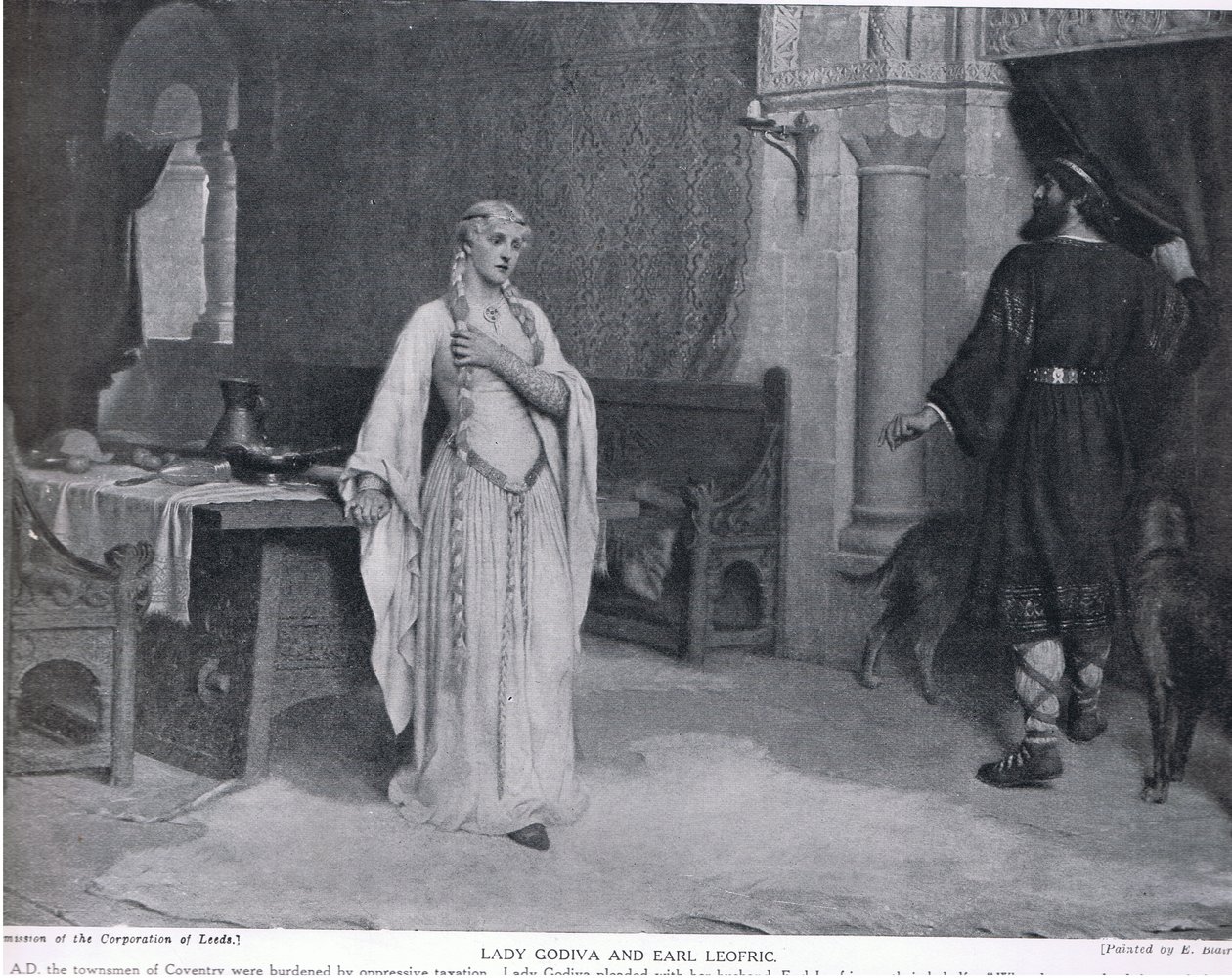 Lady Godiva ja Earl Leofric, kuvitus "Hutchinsonin kansakuntien historiasta", n. 1910 tekijältä Edmund Blair Leighton