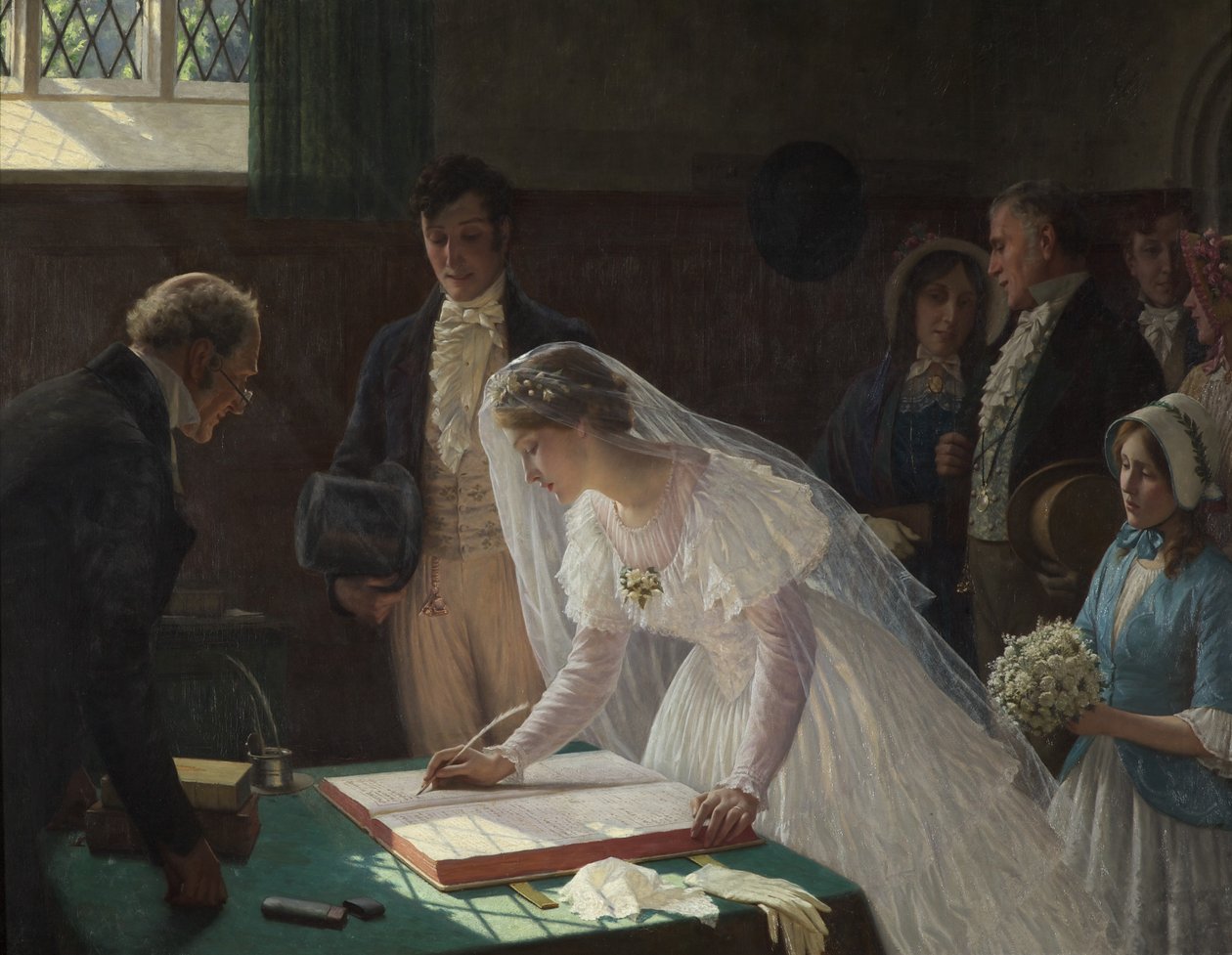 Rekisterin allekirjoittaminen (öljy kankaalle) tekijältä Edmund Blair Leighton