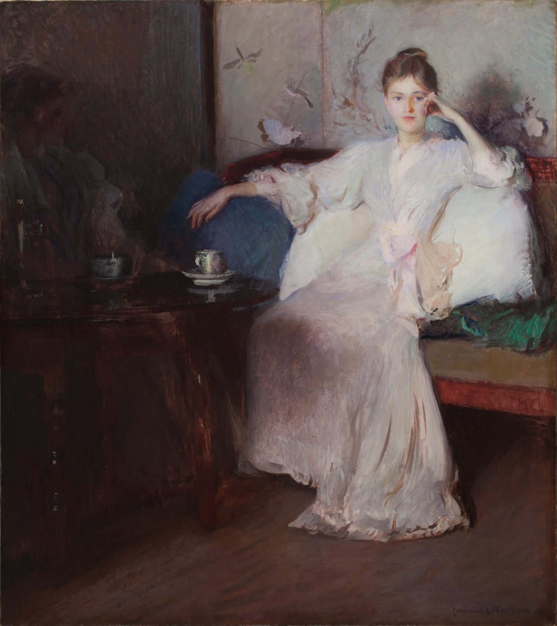 Sovitus vaaleanpunaisena ja harmaana (iltapäivätee) tekijältä Edmund Charles Tarbell