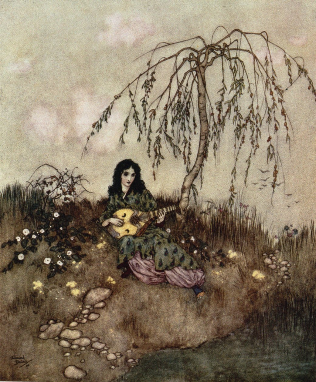 Kun hän oli tehnyt työnsä, hän lauloi ja soitti." Tuhkimo, n. 1910. tekijältä Edmund Dulac