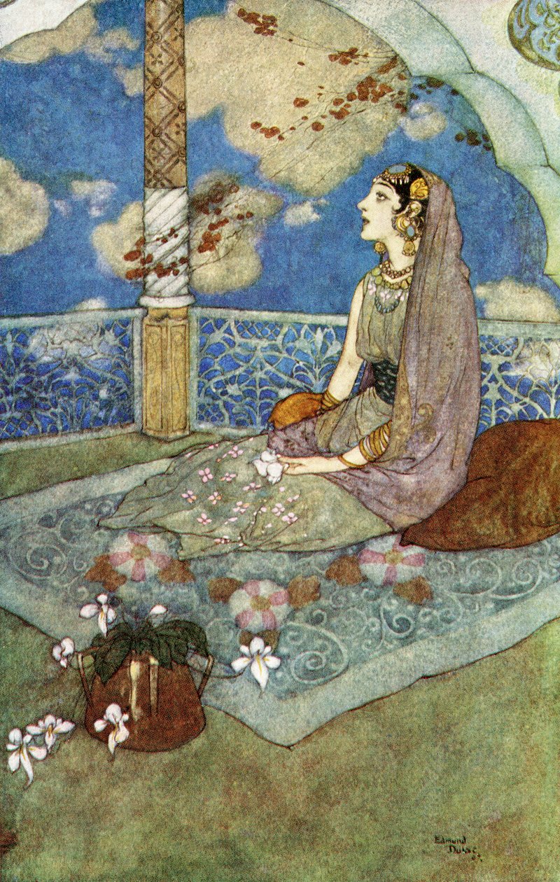 Ja aina kyyneleet silmistään valuen hän huokaisi ja lauloi, kuvitus "Taikahevosen tarinasta". tekijältä Edmund Dulac