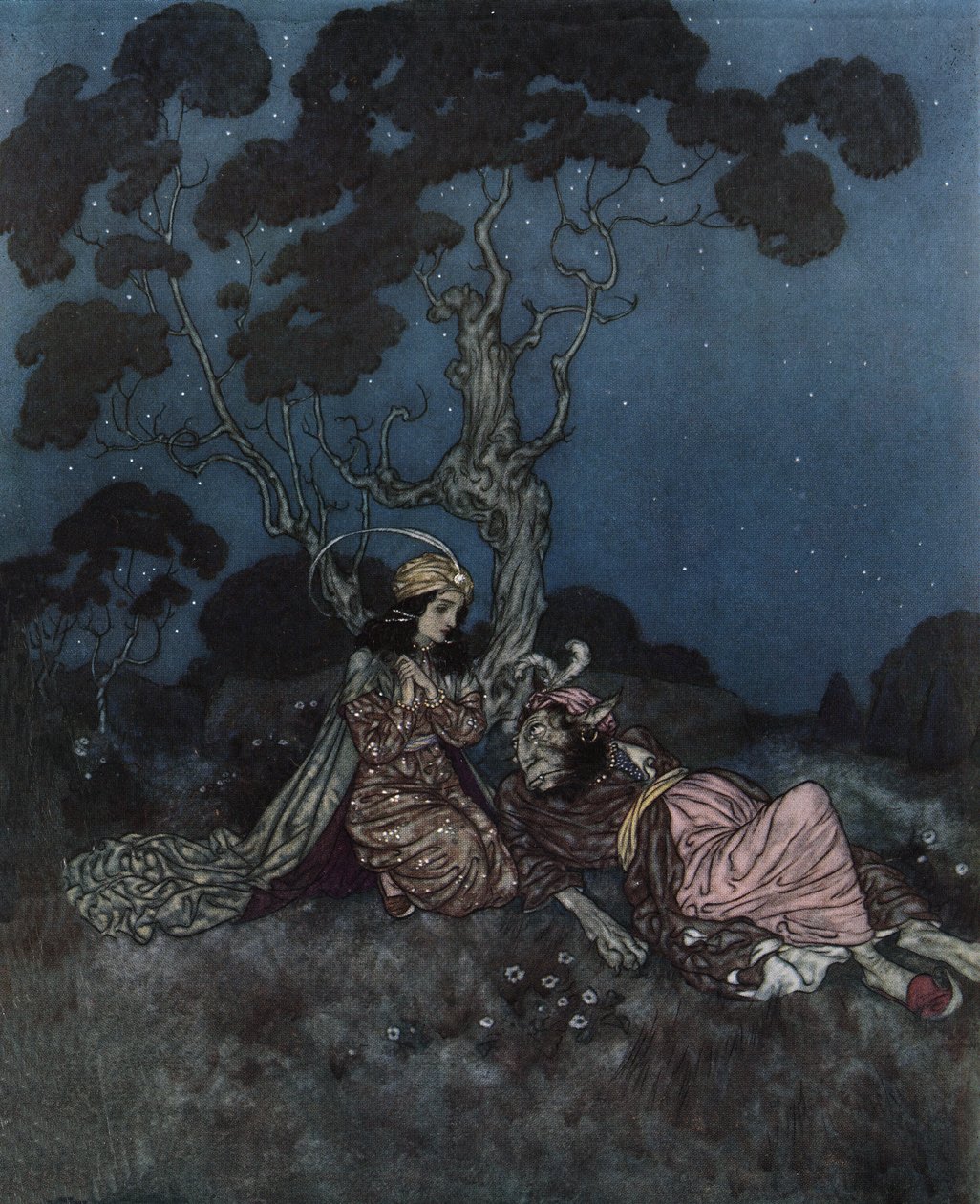 Kaunotar ja hirviö: Kaunotar pelästyy hirviötä, joka makaa hänen lähellään, n.1910 (litografia). tekijältä Edmund Dulac