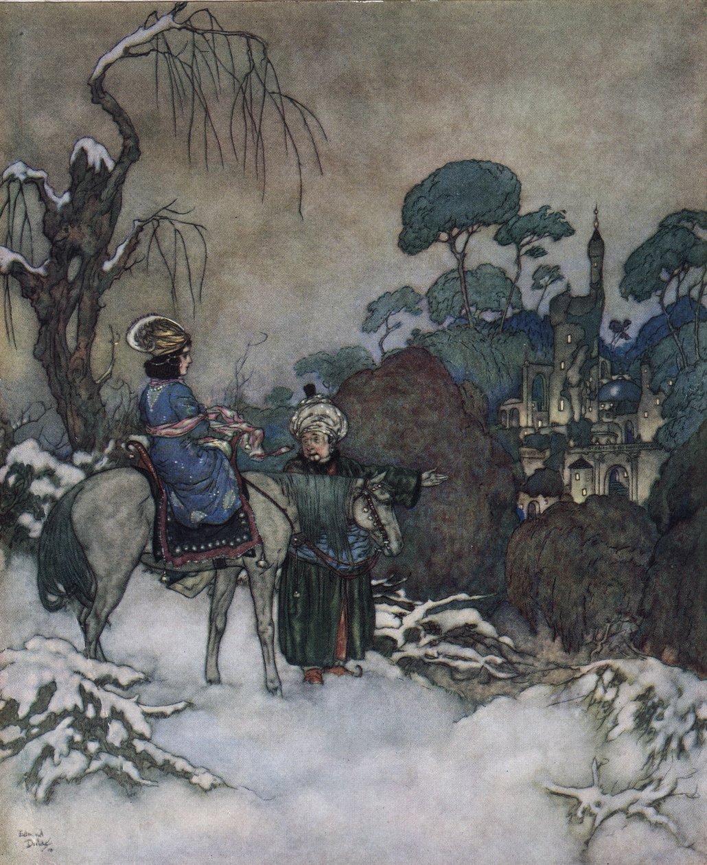 Kaunotar ja hirviö: Kaunotar, joka on suostunut ottamaan Beten vangiksi joutuneen isänsä paikan tämän vapauttamiseksi, suuntaa kohti linnaa, n.1910 (litografia). tekijältä Edmund Dulac