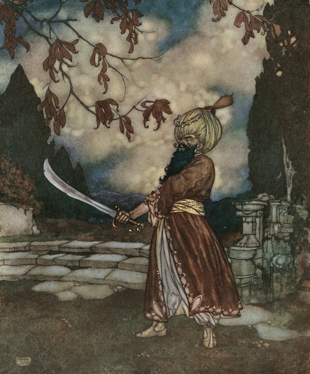 Sininen parta: 1910 (litografia): Pelottavan siniparran parta on niin musta, että se näyttää siniseltä. tekijältä Edmund Dulac