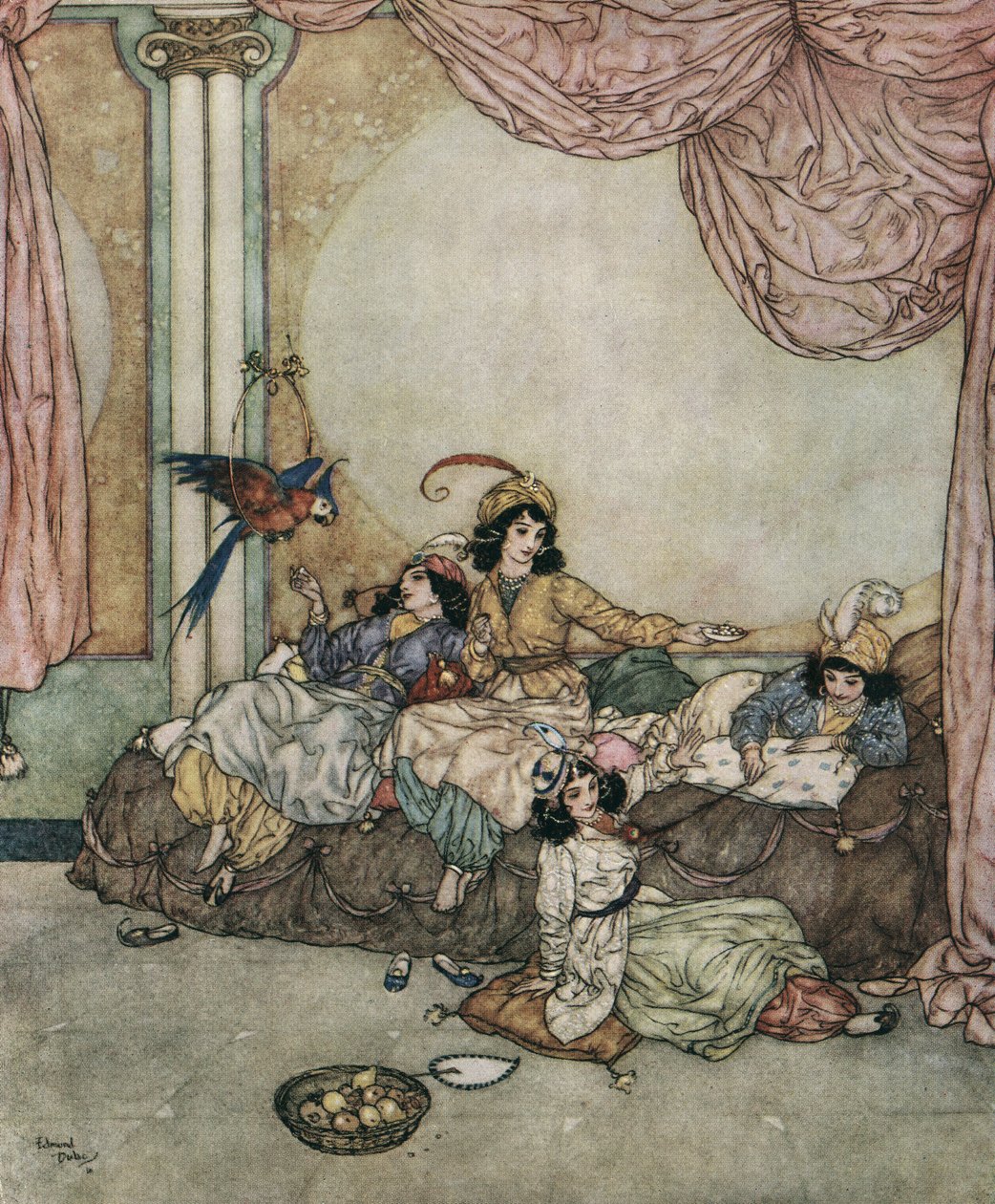 Sininen parta: 1910 (litografia): Siniparran nuori vaimo Fatima kutsuu ystävänsä kotiinsa, kun hänen miehensä on matkalla. tekijältä Edmund Dulac