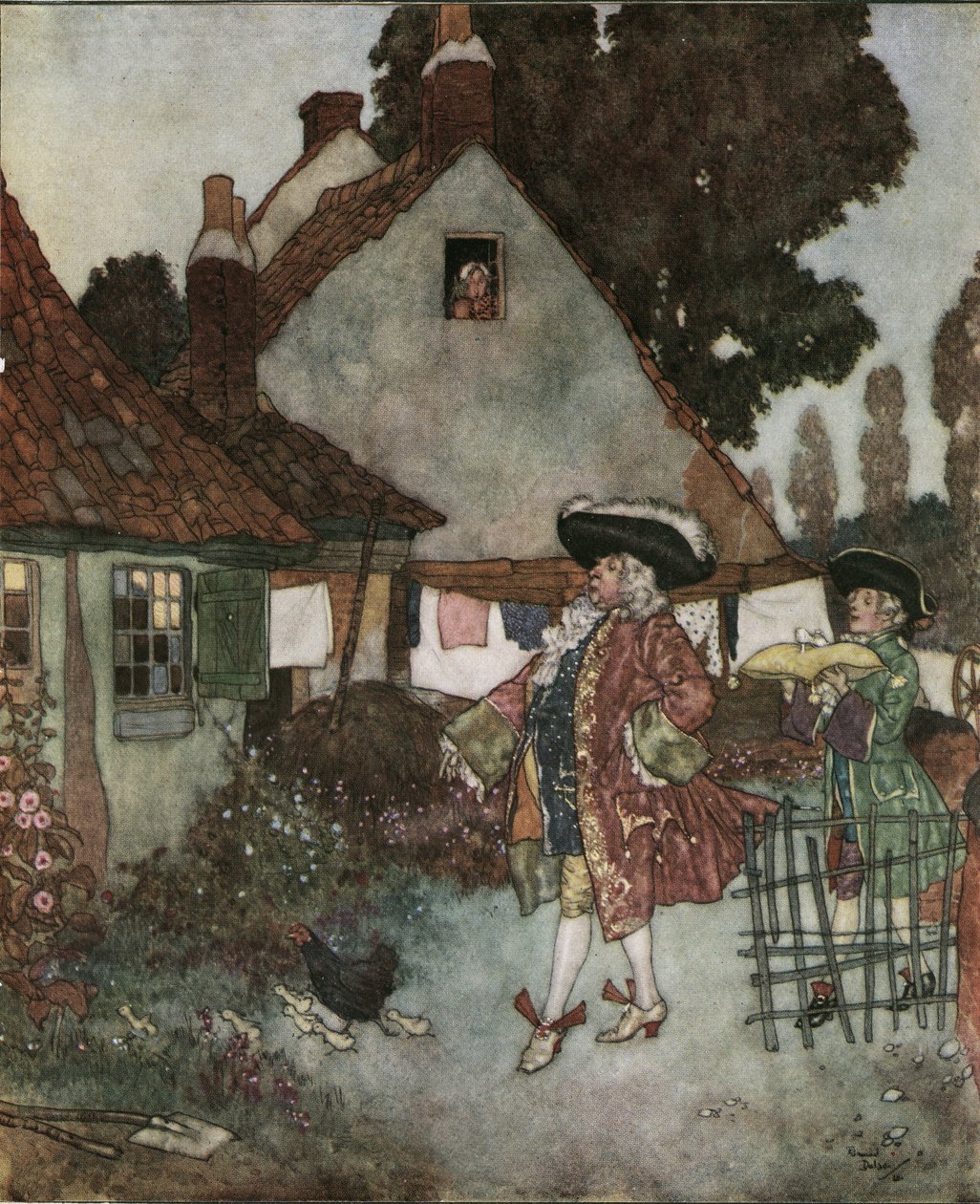 Tuhkimo (Tuhkimo): ministeri etsii valtakunnan kaikista mökeistä ja taloista tyttöä, joka on kadottanut kenkänsä n.1910 (litografia). tekijältä Edmund Dulac