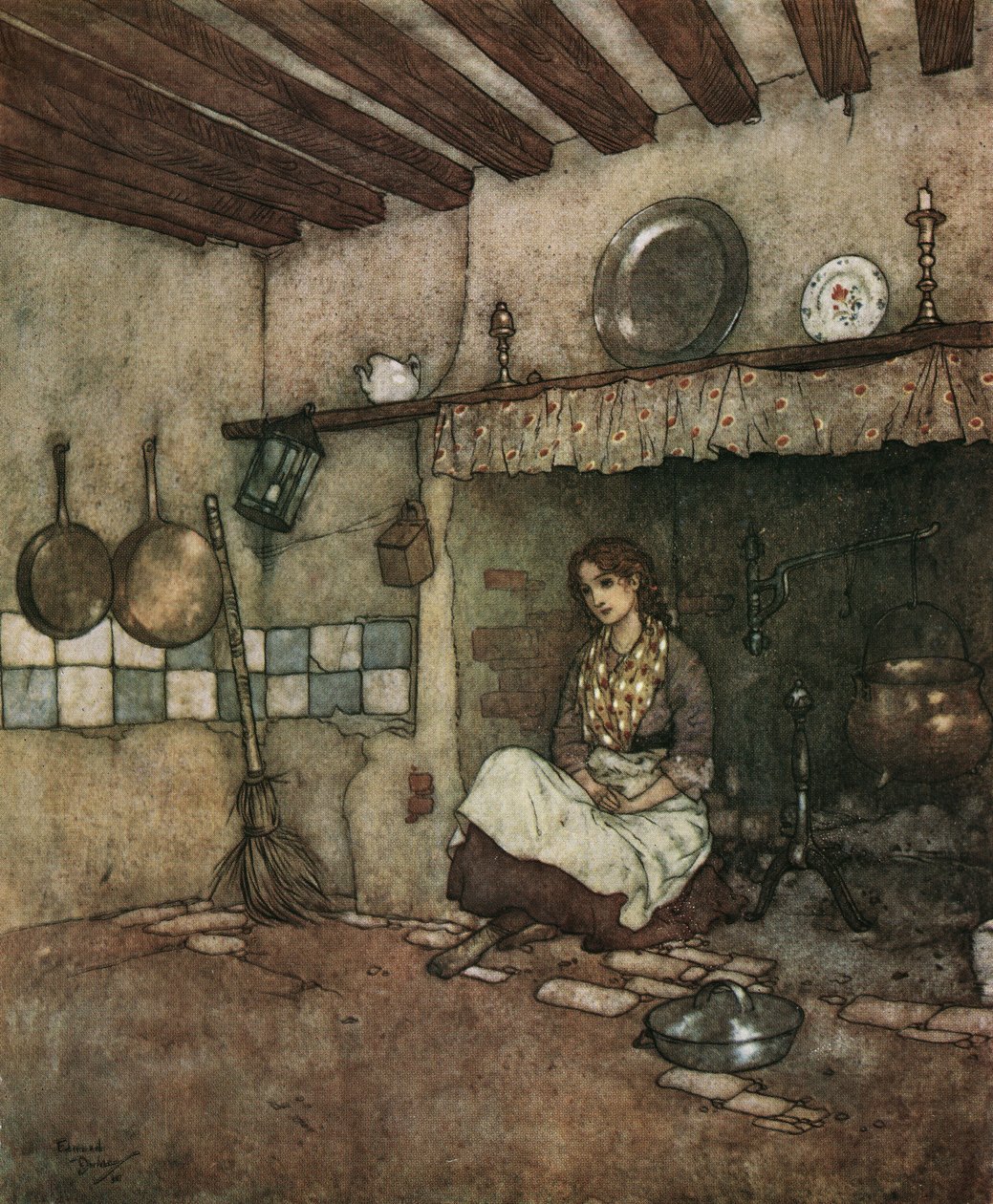 Tuhkimo: nuori Tuhkimo istuu tuhkan keskellä savupiipussa, n.1910 (litografia). tekijältä Edmund Dulac