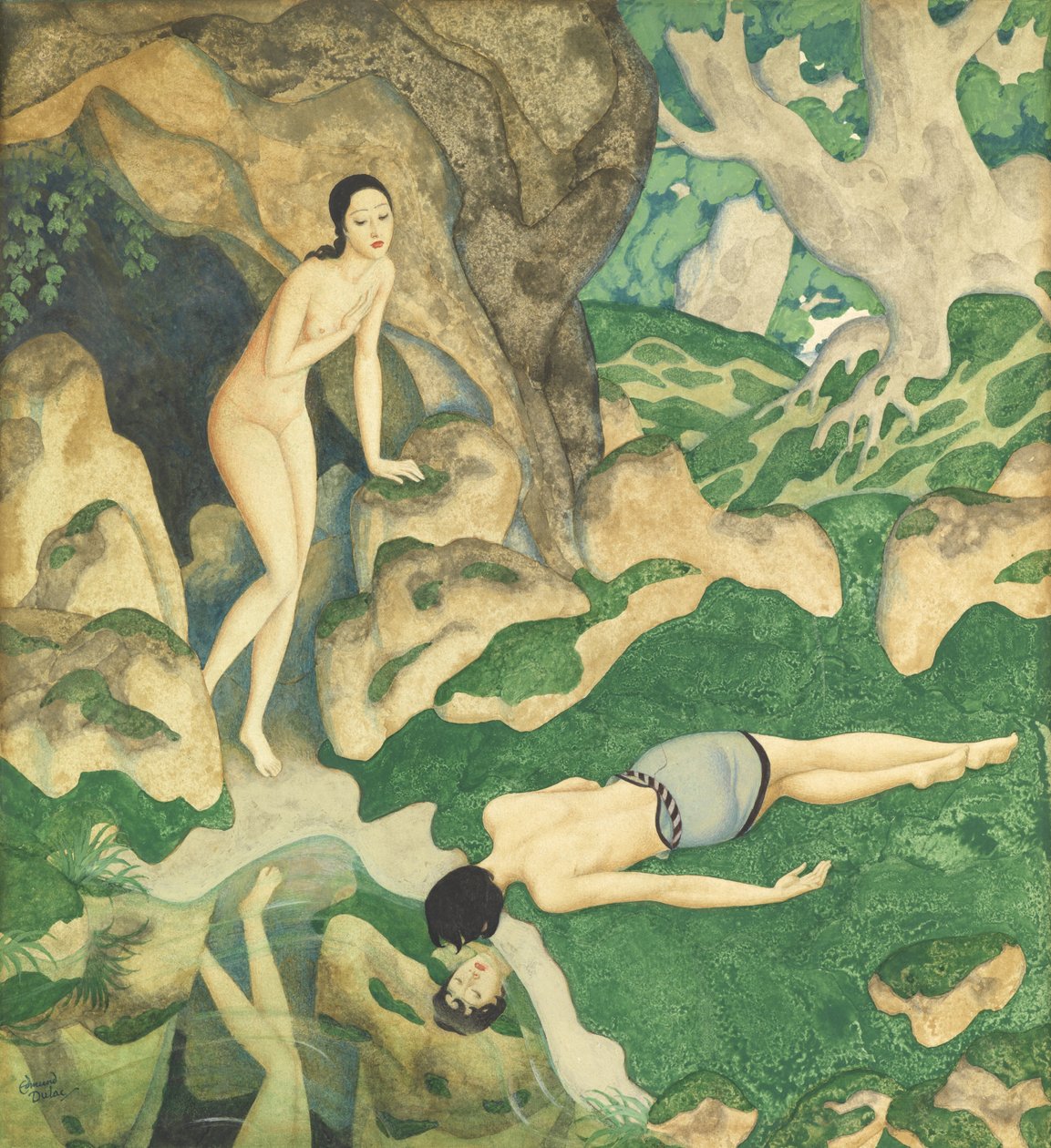 Kaiku ja Narsissi (akvarelli ja guassi paperille) tekijältä Edmund Dulac