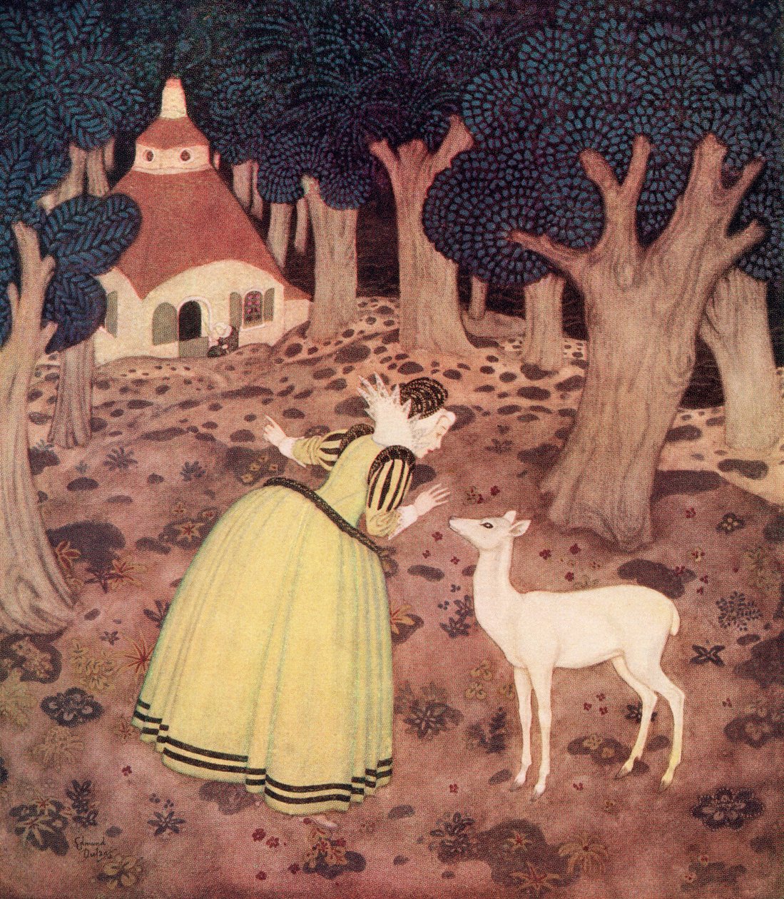 "Giroflee kiitti keijua ja meni kauas metsään, ja siellä hän tosiaan näki majan ja vanhan naisen istumassa sen ulkopuolella", kuvitus ranskalaisesta sadusta The Hind of the Wood (Metsän takapuoli), Edmund Dulacin satukirjasta: Fairy Tales of the Allied Nat tekijältä Edmund Dulac