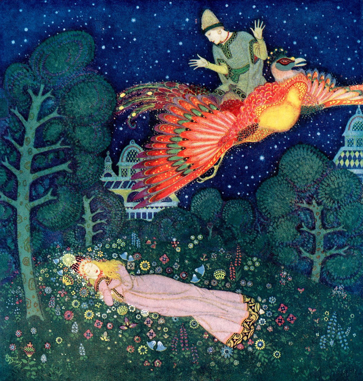 Kuvitus venäläiseen satuun Tulilintu tekijältä Edmund Dulac