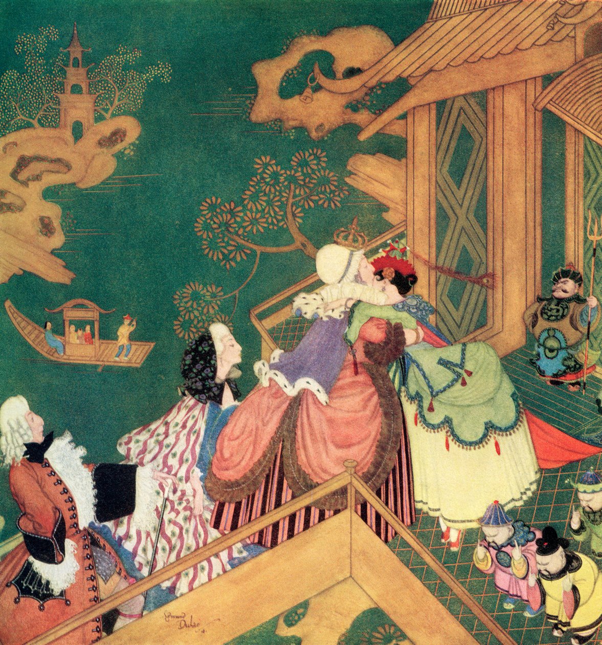 "Laideronnette suuteli ja syleili hyvää keijukaista", kuvitus ranskalaisesta sadusta "Vihreä käärme", Edmund Dulacin satukirjasta: Fairy Tales of the Allied Nations, julkaistu vuonna 1916. tekijältä Edmund Dulac