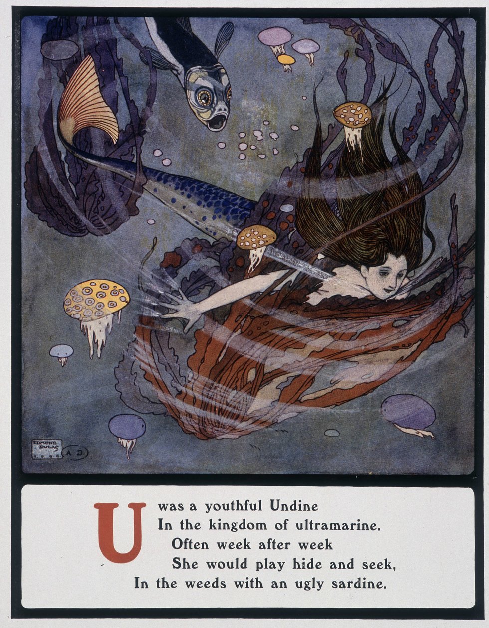 Kirjain U (Undine), merenneito meren alla, noin 1908 (piirustus). tekijältä Edmund Dulac