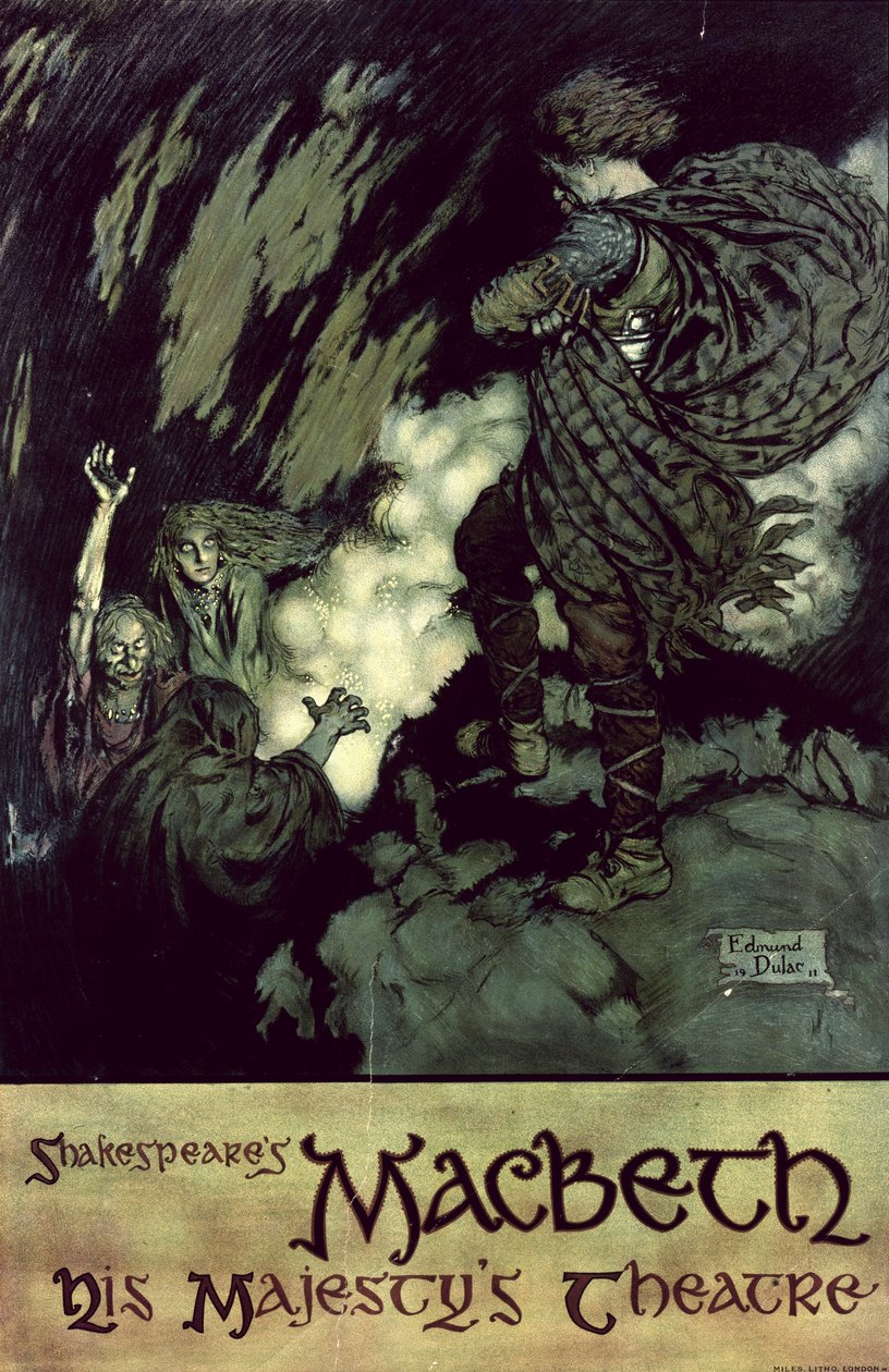 Macbeth: Macbeth: vuoden 1914 tuotannon juliste (värilitografia). tekijältä Edmund Dulac