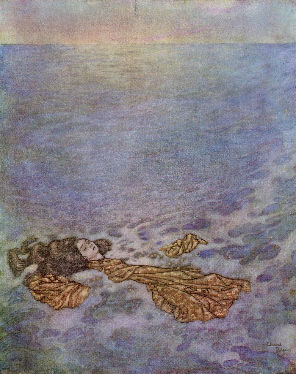 Vielä kerran hän katsoi prinssiä, silmät jo kuoleman hämärtäminä, syöksyi sitten laidan yli ja putosi, ruumiinsa liuenneena vaahdoksi, iKuvitus elokuvasta "Merenneito". tekijältä Edmund Dulac