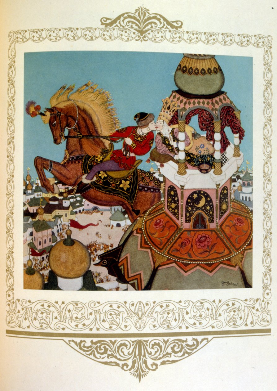 Prinssi suutelee kaunista prinsessaa tornissa. Venäjä", Dulac. tekijältä Edmund Dulac