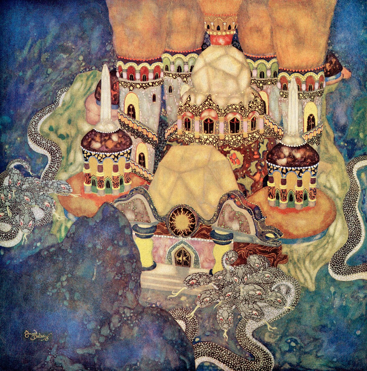 "Lohikäärmekuninkaan palatsi", kuvitus serbialaisesta sadusta The Story of Bashtchelik, Edmund Dulacin satukirjasta: Fairy Tales of the Allied Nations, julkaisu 1916 (vesiväri paperille). tekijältä Edmund Dulac