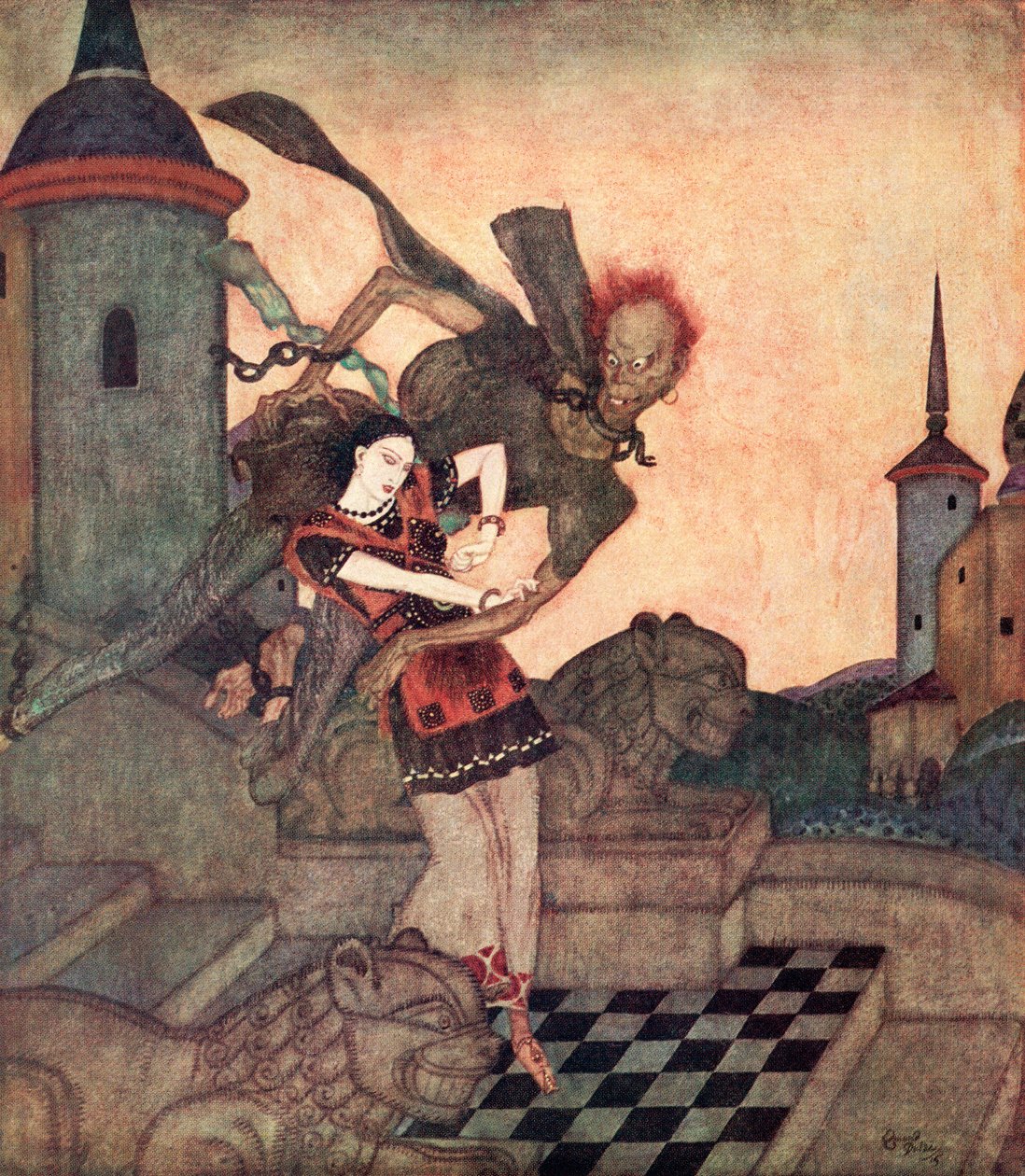 "Kun prinssi katsoi ulos, hän näki, kuinka prinssi nappasi prinsessan ja lensi nopeasti pois", kuvitus serbialaisesta sadusta The Story of Bashtchelik, Edmund Dulacin satukirjasta: Fairy Tales of the Allied Nations, julkaistu vuonna 1916. tekijältä Edmund Dulac