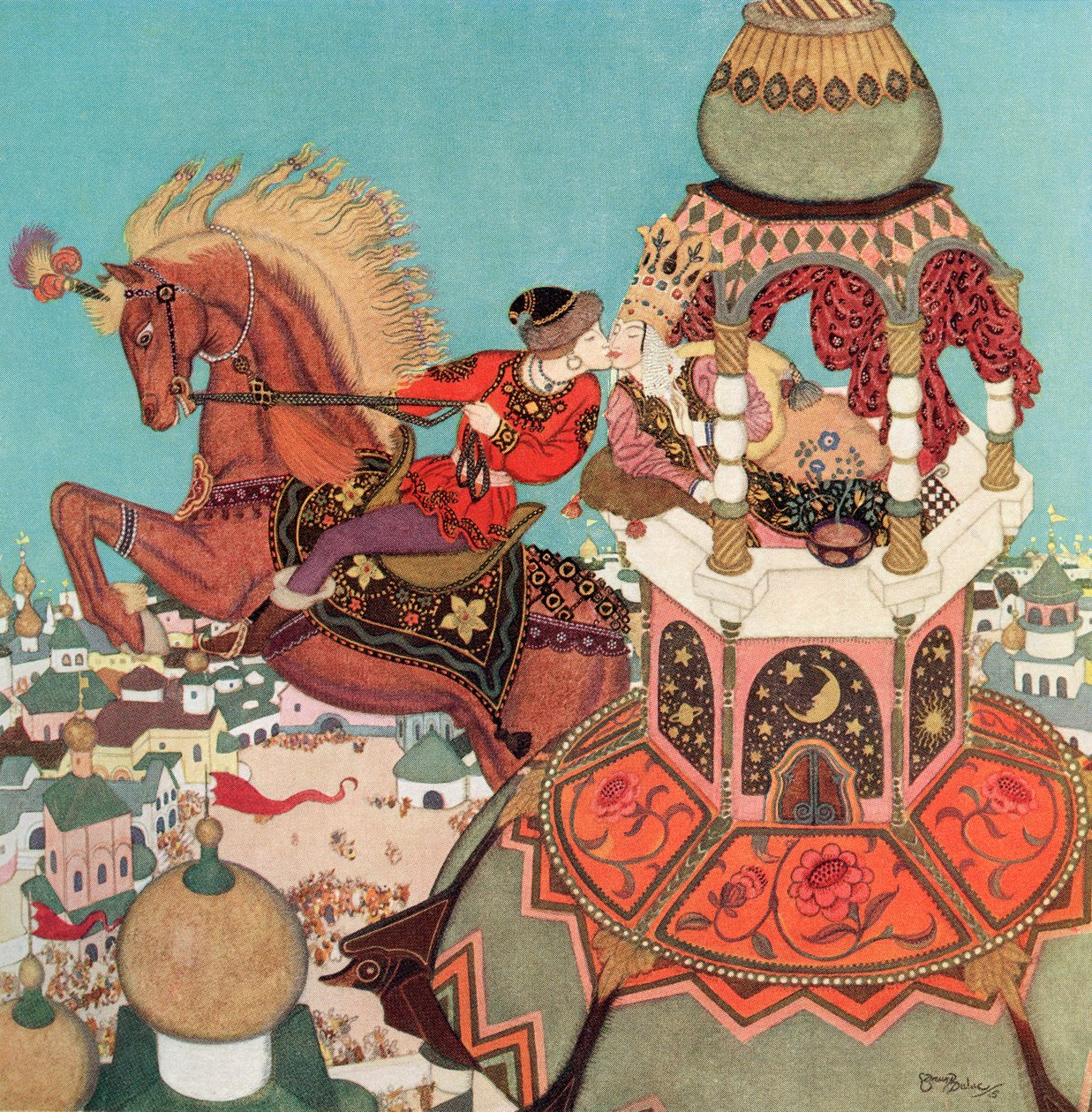 "Kastanjahevonen näytti viipyvän ilmassa hyppynsä huipulla, kun tuo suudelma kesti", kuvitus venäläisestä sadusta Ivan ja kastanjahevonen, Edmund Dulacin satukirjasta: Fairy Tales of the Allied Nations, julkaistu 1916. tekijältä Edmund Dulac