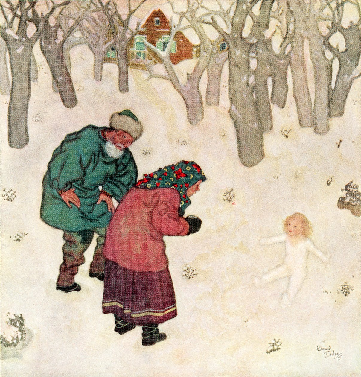 "Kaunein ja nätin pikku neito, jonka he olivat koskaan nähneet", kuvitus venäläisestä sadusta Snegorotchka, Edmund Dulacin Satukirjasta: Fairy Tales of the Allied Nations, julkaistu 1916. tekijältä Edmund Dulac