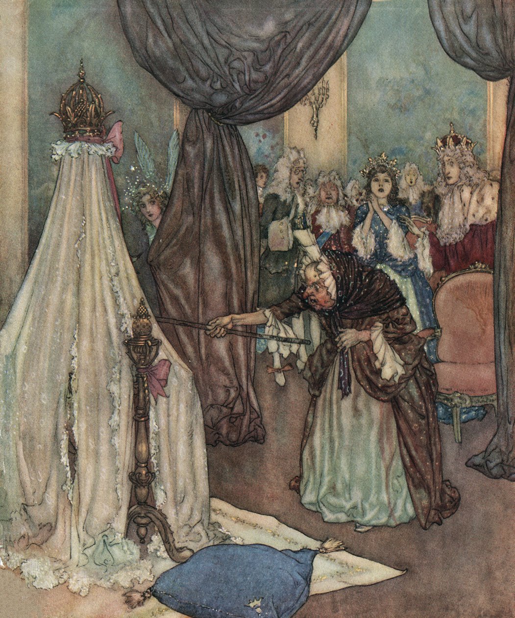 Nukkuva Kaunotar: Vanha maksumies kumartuu prinsessan sängyn yli ja kiroaa häntä, n.1910 (litografia). tekijältä Edmund Dulac