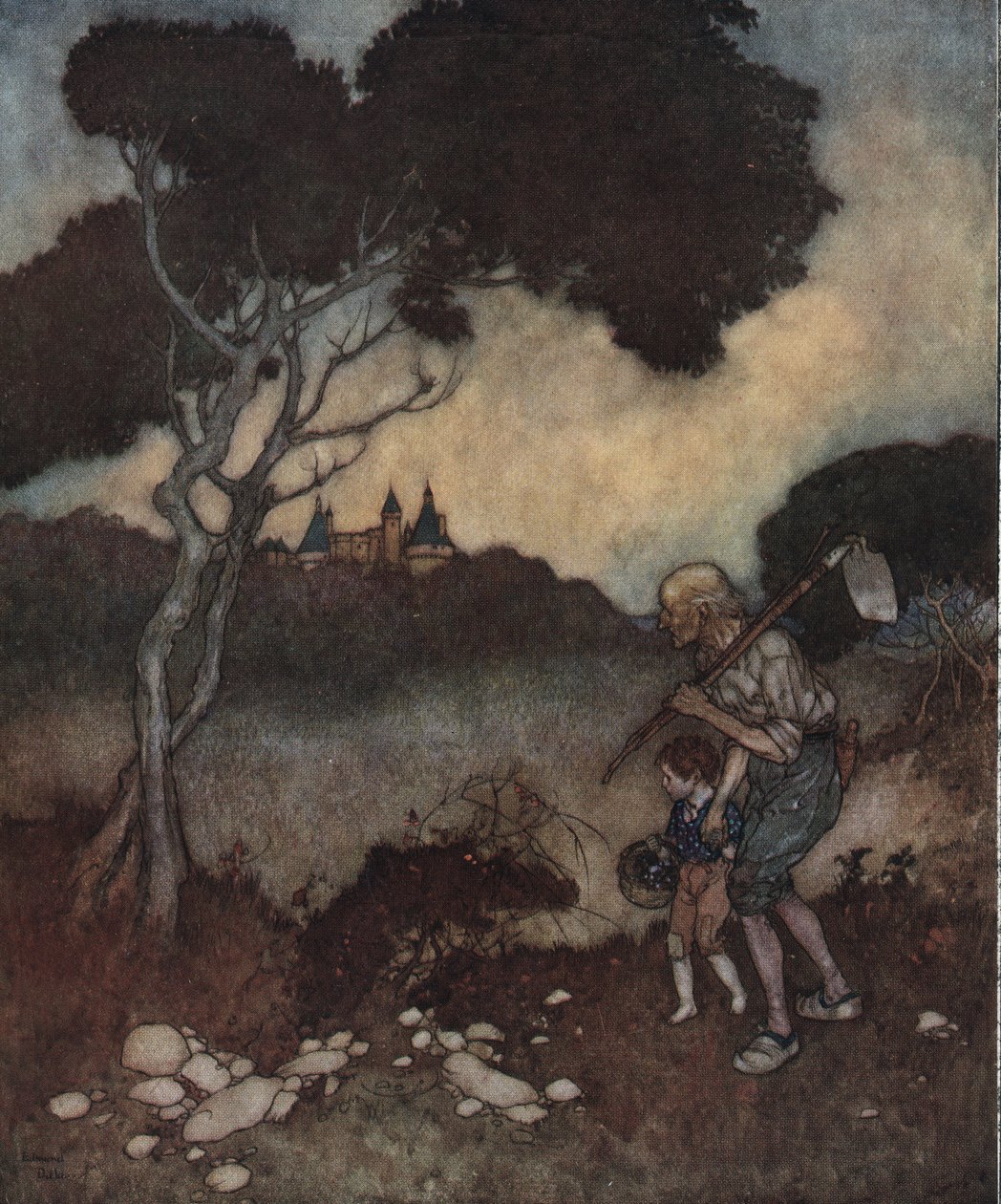Nukkuva kaunotar: prinsessan linnan tornit näkyvät puiden yläpuolella. tekijältä Edmund Dulac