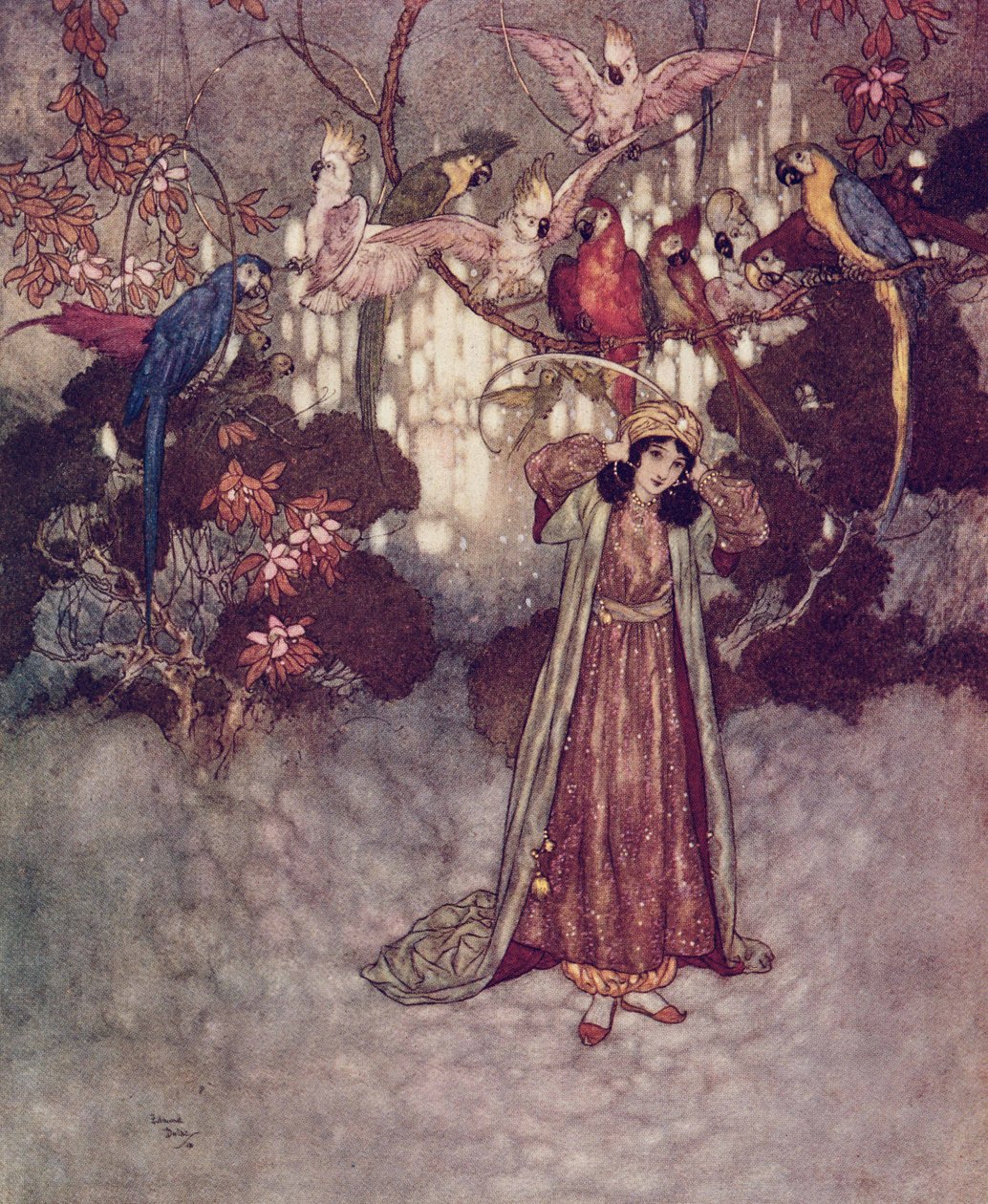 Kun nämä näkivät Kaunottaren, he alkoivat huutaa ja höpöttää." Kaunotar ja hirviö". tekijältä Edmund Dulac