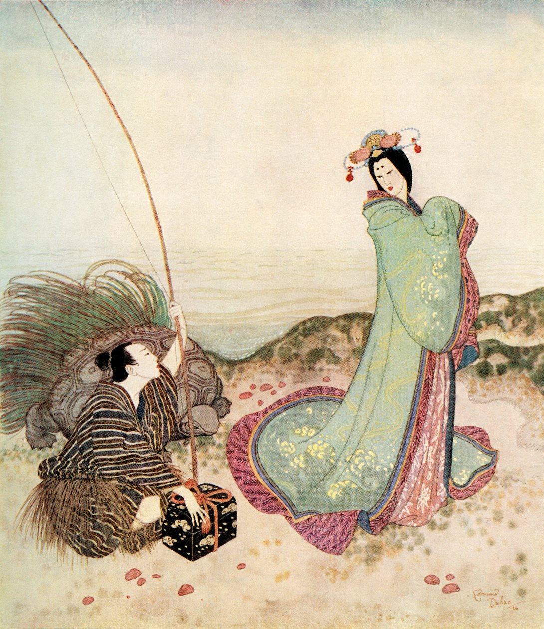 "Urashima oli niin lumoutunut, ettei pystynyt puhumaan sanaakaan", kuvitus japanilaisesta sadusta The Story of Urashima Taro (Urashima Taron tarina), Edmund Dulacin teoksesta Fairy-Book: Fairy Tales of the Allied Nations, julkaistu vuonna 1916. tekijältä Edmund Dulac