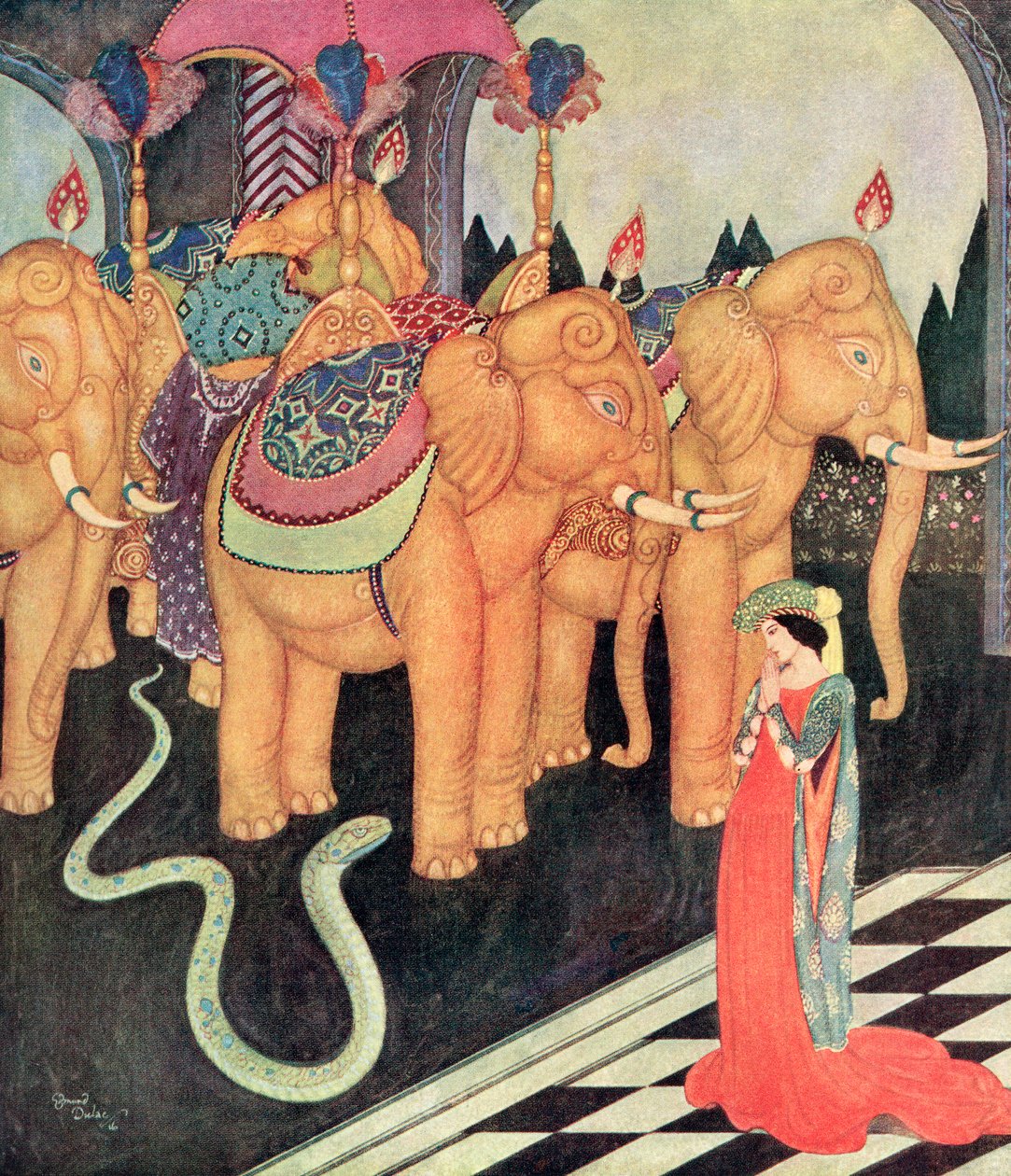 "Kun Grannmia näki oudon rakastajansa, vain hän pysyi rauhallisena ja rohkeana", kuvitus italialaisesta sadusta Käärmeprinssi, Edmund Dulacin Satukirjasta: Fairy Tales of the Allied Nations, julkaistu vuonna 1916. tekijältä Edmund Dulac