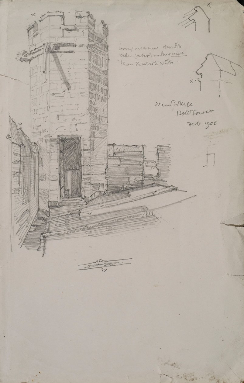 Luonnos New Collegen kellotornista, jossa näkyy yksityiskohta lyijykatosta, 1908 kynä paperille tekijältä Edmund Hort New