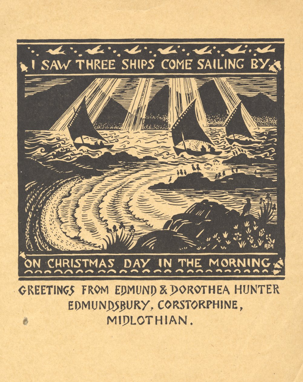 Näin kolme purjelaivaa, n. 1930 (guassi paperilla) tekijältä Edmund Hunter
