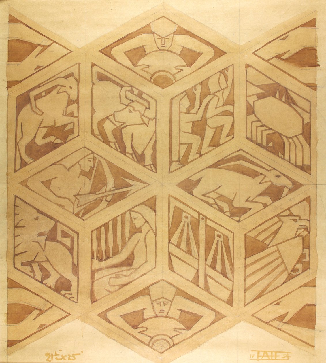 Horoskooppimerkit - Art Deco, huhtikuu 1934 (guassi paperille) tekijältä Edmund Hunter