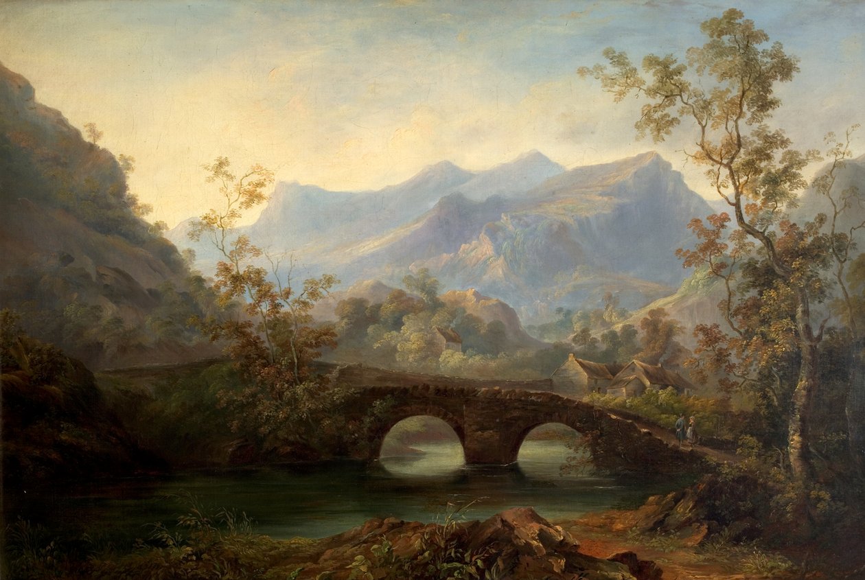 Vuoristoinen maisema joen, sillan ja mökkien kanssa, 1800-luku tekijältä Edmund John Niemann