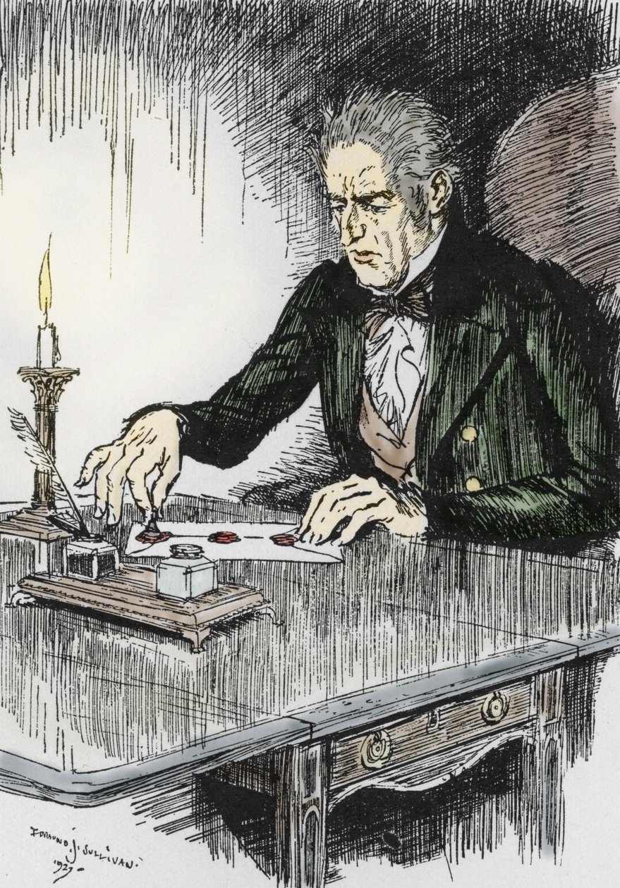 Dr jekyll encerra a carta onde confessa ser Mr Hyde, o assassino, Ilustração de Edmund Joseph Sullivan (1869-1933) para o romance L